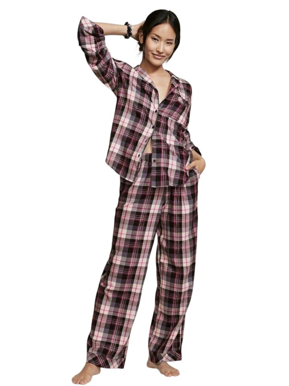 Victorias Secret Womens Plaid Flannel Pajama Set Size XL Black Pink Long Sleeve